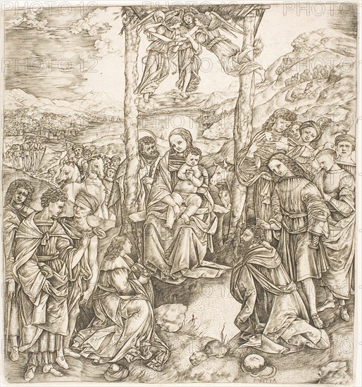 The Adoration of the Magi, about 1530, Cristofano Robetta, Italian, 1462-c.1535, Italy, Engraving in black on ivory laid paper, 299 x 279 (image/plate), 305 x 282 mm (sheet)