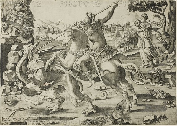 Saint George and the Dragon, 1542, Enea Vico (Italian, 1523-1567), after Giulio Clovio (Croatian, active Italy, 1498–1578), published by Antonio Salamanca (Italian, 1478-1562), Italy, Engraving in black on buff laid paper, 256 x 362 mm