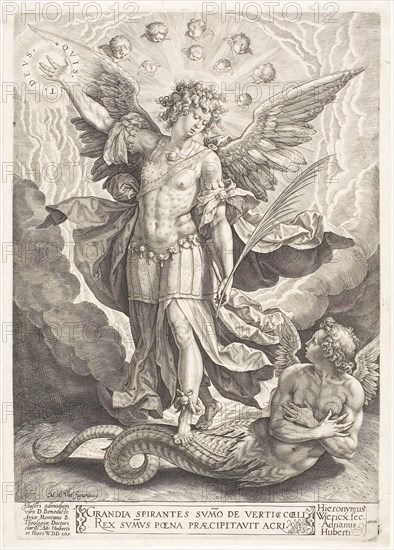 St Michael Triumphing Over the Dragon, 1584, Jerome Wierix (Flemish, 1553-1619), after Martin de Vos (Flemish, 1532-1603), Flanders, Engraving in black on ivory laid paper, 291 × 202 mm (image/plate), 300 × 214 mm (sheet)