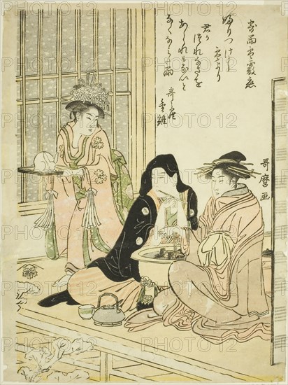 Love in Rain, Snow and Hail (Ame yuki arare ni yosuru koi), c. 1785, Kitagawa Utamaro ??? ??, Japanese, 1753 (?)-1806, Japan, Color woodblock print, chuban, 25.7 x 18.7 cm (10 1/4 x 7 11/16 in.)