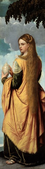 Mary Magdalene, 1540/50, Moretto da Brescia (Alessandro Bonvicino), Italian, c. 1492/95–1554, Brescia, Oil on canvas, 166 × 47 cm (65 3/8 × 18 1/2 in.)