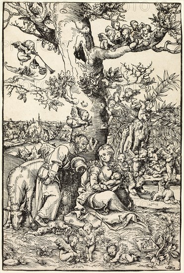 The Rest on the Flight into Egypt, 1509, Lucas Cranach the Elder, German, 1472-1553, Germany, Woodcut in black on ivory laid paper, 288 x 192 mm (image/block/sheet)