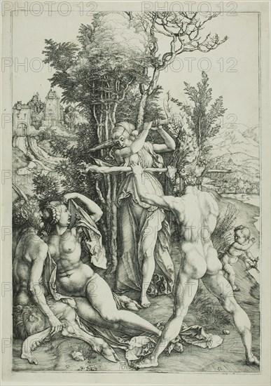 Hercules at the Crossroads (Jealousy), c. 1498, Albrecht Dürer, German, 1471-1528, Germany, Engraving in black on off-white laid paper, 323 x 222 mm (image), 325 x 225 mm (plate), 344 x 242 mm (sheet)