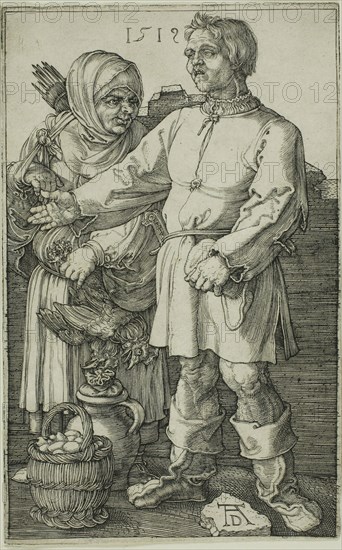 The Peasant and His Wife at Market, 1519, Albrecht Dürer, German, 1471-1528, Germany, Engraving in black on ivory laid paper, 115 x 72 mm (image), 118 x 74 mm (sheet)