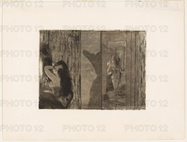 Actresses in Their Dressing Rooms, 1879–80, Edgar Degas, French, 1834-1917, France, Etching and aquatint in black on cream wove paper, 160 × 214 mm (image/plate), 277 × 362 mm (sheet)