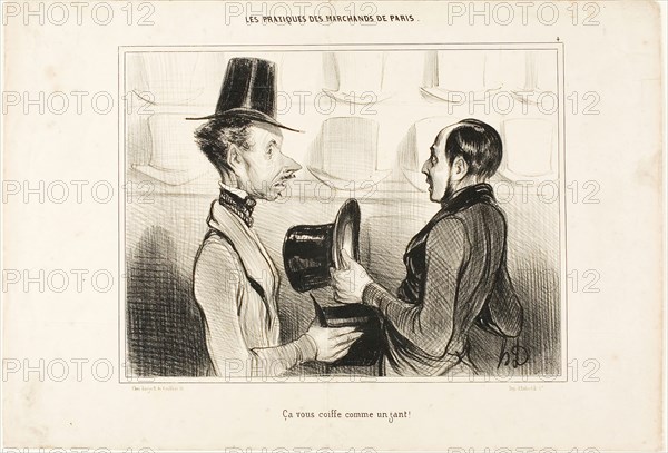 It fits you like a glove!, plate 34 from Types Parisiens, 1839, Honoré Victorin Daumier, French, 1808-1879, France, Lithograph in black on white wove paper, 196 × 258 mm (image), 260 × 381 mm (sheet)