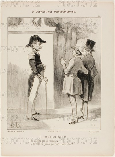The Tuileries Gardens., No smoking here, Sir!, You mean in the garden?, plate 10 from Le Chapitre Des Interprétations, 1843, Honoré Victorin Daumier, French, 1808-1879, France, Lithograph in black on buff wove paper, 244 × 202 mm (image), 335 × 247 mm (sheet)