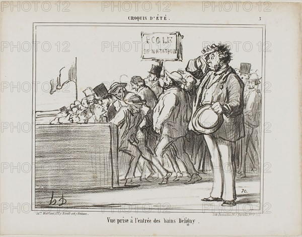 Entrance to the public baths at Deligny, plate 3 from Croquis D’été, 1859, Honoré Victorin Daumier, French, 1808-1879, France, Lithograph in black on ivory wove paper, 217 × 267 mm (image), 275 × 360 mm (sheet)