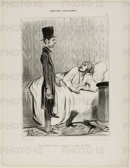 Early morning visit of a creditor concerning the boots, plate 4 from Émotions Parisiennes, 1839, Honoré Victorin Daumier, French, 1808-1879, France, Lithograph in black on white wove paper, 247 × 181 mm (image), 342 × 263 mm (sheet)