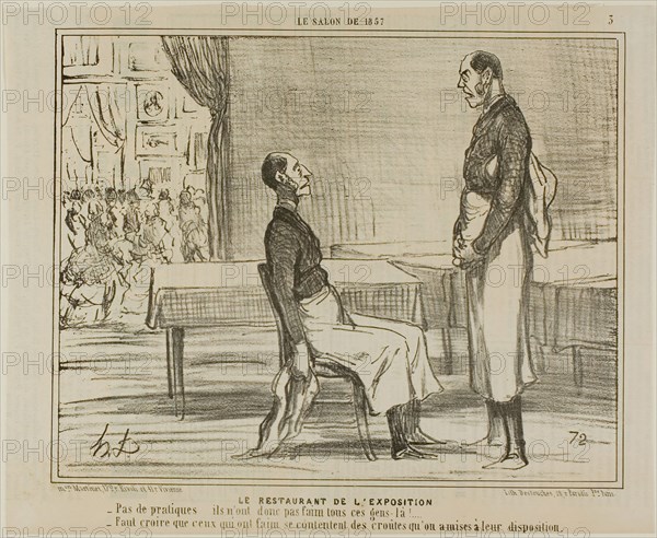 The Restaurant at the Exhibition., No clients at all… aren’t these people hungry?, I guess that the hungry ones are eating the snacks they were offered, plate 3 from Le Salon De 1857, 1857, Honoré Victorin Daumier, French, 1808-1879, France, Lithograph in black on ivory wove paper, with letterpress verso, 206 × 259 mm (image), 245 × 300 mm (sheet)