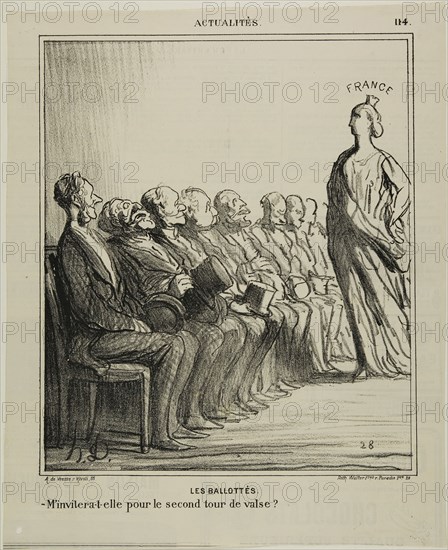 Run-Off Elections., Will she invite me for a second waltz?, plate 114 from Actualités, 1869, Honoré Victorin Daumier, French, 1808-1879, France, Lithograph in black on buff wove paper, with letterpress verso, 240 × 205 mm (image), 302 × 248 mm (sheet)