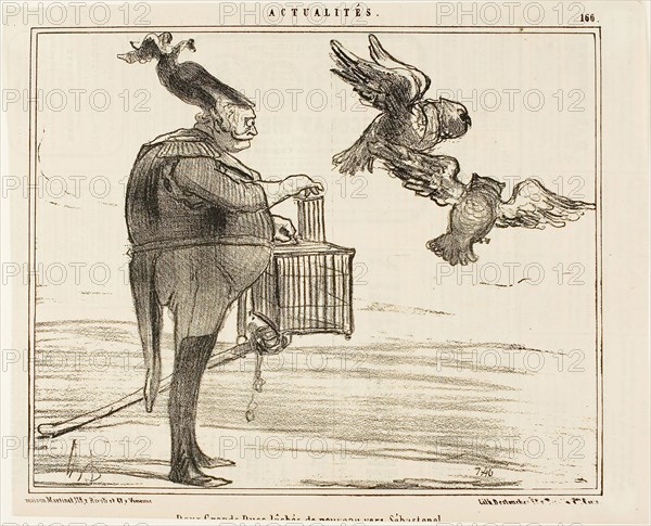 Two Grand Dukes Leaving for Sebastopol, plate 166 from Actualités, 1855, Honoré Victorin Daumier, French, 1808-1879, France, Lithograph in black on white wove paper, with letterpress verso, 218 × 269 mm (image), 251 × 304 mm (sheet)