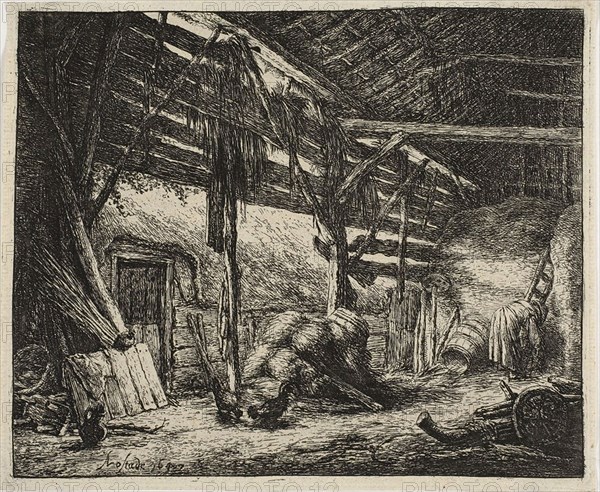 The Barn, 1647, Adriaen van Ostade, Dutch, 1610-1685, Holland, Etching in black on buff laid paper, 155 x 187 mm (image), 158 x 192 mm (plate), 161 x 196 mm (sheet)