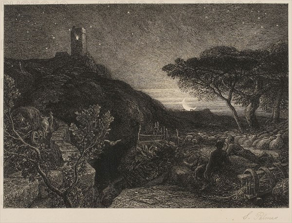 The Lonely Tower, c. 1879, Samuel Palmer, English, 1805-1881, England, Etching on paper, 168 × 234 mm (image), 191 × 253 mm (plate), 337 × 442 mm (sheet)