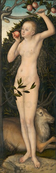 Eve, 1533/37, Lucas Cranach the Elder, German, 1472–1553, Germany, Oil on panel, Panel: 107.5 × 36.4 cm (42 5/16 × 14 5/16 in.), Painted Surface: 105.7 × 36.4 cm (41 5/8 × 14 5/16 in.)