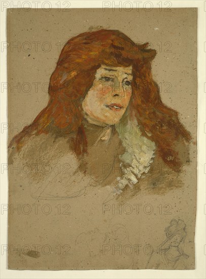 Mme Lili Grenier (recto), Landscape with Church (verso), 1885/88, Henri de Toulouse-Lautrec, French, 1864-1901, France, Oil paint, with graphite (recto), and oil paint with touches of black crayon varnished overall (verso), on gray cardboard, 447 × 327 mm