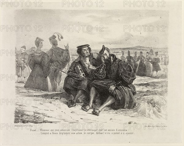 Faust and Wagner, 1828, Eugène Delacroix, French, 1798-1863, France, Lithograph in black on light gray China paper laid down on ivory wove paper, 195 × 261 mm (image), 295 × 430 mm (sheet)