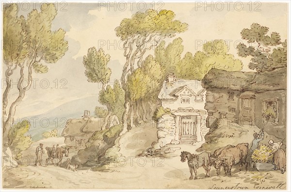 Launcetown Cornwall, c. 1789, Thomas Rowlandson, English, 1756-1827, England, Pen and brown ink with brush and watercolor, over graphite, on cream wove paper, laid down on card, 170 × 260 mm