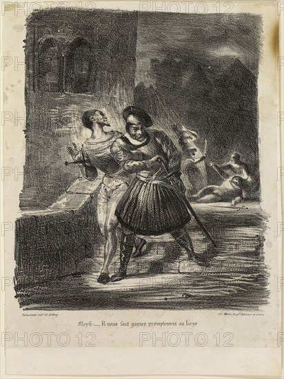 Mephistopheles and Faust Fleeing after the Duel, 1828, Eugène Delacroix, French, 1798-1863, France, Lithograph in black on white China paper laid down on white wove paper, 265 × 225 mm (image), 325 × 242 mm (sheet)