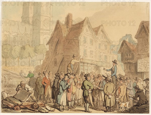 Demolition of Old Houses to the North of Westminster Abbey, 1800, Thomas Rowlandson, English, 1756-1827, England, Pen and brown ink with brush and watercolor, over traces of graphite, on tan wove paper, laid down on card, 202 × 268 mm