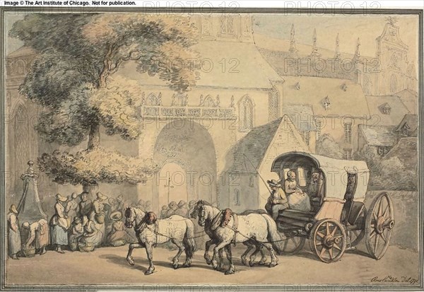 Postcart Monks and Women Near Church Door, 1791, Thomas Rowlandson, English, 1756-1827, England, Pen and gray and brown ink, with brush and watercolor, over traces of graphite, on tan wove paper, laid down on card, 250 × 383 mm