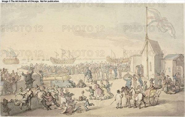 View of Prizes Taken by Lord Howe Coming in Portsmouth, July 1794, Thomas Rowlandson, English, 1756-1827, England, Pen and gray and brown ink with brush and watercolor, over traces of graphite, on ivory wove paper, laid down on ivory wove paper, 243 × 395 mm