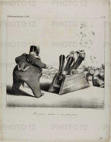 A large mortar with a short range, plate 488, 1834, Honoré Victorin Daumier, French, 1808-1879, France, Lithograph in black on ivory wove paper, 224 × 246 mm (image), 352 × 273 mm (sheet)