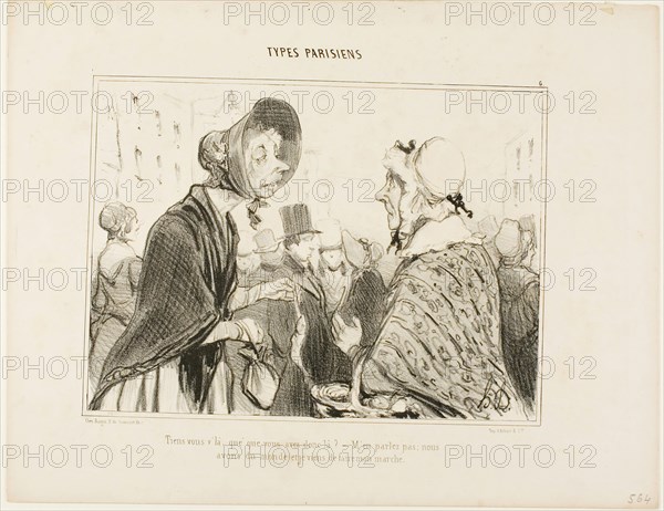 Oh, here you are….. what do you have there?….., Let’s not talk about it…. we are having guests, and I just did my shopping, plate 6 from Types Parisiens, 1839, Honoré Victorin Daumier, French, 1808-1879, France, Lithograph in black on white wove paper, 177 × 239 mm (image), 265 × 341 mm (sheet)