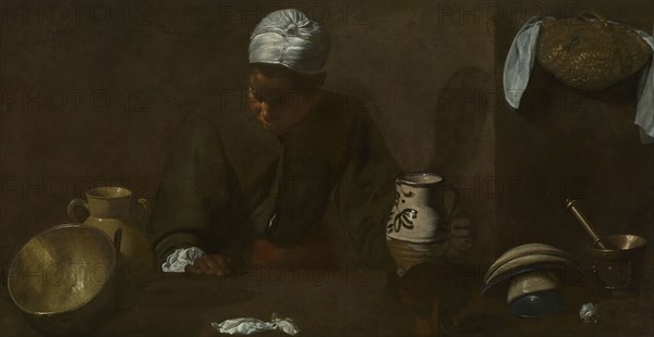 Kitchen Scene, 1618/20, Diego Velázquez, Spanish, 1599-1660, Spain, Oil on canvas, 21 7/8 × 41 1/8 in. (55.9 × 104.2 cm)