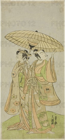 The Actors Ichikawa Komazo II as Chunagon Yukihira (right), and Iwai Hanshiro IV as Murasame (left), in the Play Kuni no Hana Ono no Itsumoji, Performed at the Nakamura Theater in the Eleventh Month, 1771, c. 1771, Ippitsusai Buncho, Japanese, active c. 1755-90, Japan, Color woodblock print, hosoban, 32.3 x 14.8 cm (12 3/4 x 5 7/8 in.)