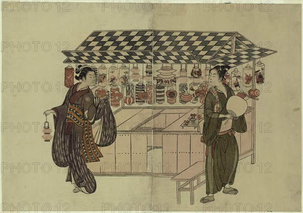 The Lantern Shop, c. 1765, Attributed to Suzuki Harunobu ?? ??, Japanese, 1725 (?)–1770, Japan, Color woodblock print, chuban diptych, 27.0 x 38.8 cm (10 1/2 x 15 in.)