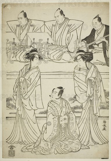 The Actors Segawa Kikunojo III as the ghost of Yatsuhashi, Sawamura Sojuro III as Soga no Juro, and Ichikawa Danjuro V as the ghost of Seigen, in the play Sono Omokage Matsu ni Sakura, performed at the Nakamura Theater in the first month, 1783, 1783, Torii Kiyonaga, Japanese, 1752-1815, Japan, Woodblock print, oban, keyblock proof impression, 37.3 x 25.8 cm (14 11/16 x 10 3/16 in.)