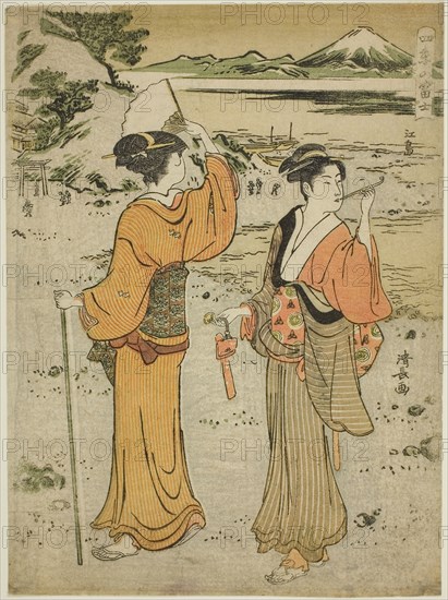 Enoshima, from the series Mount Fuji in the Four Seasons (Shiki no Fuji), c. 1785, Torii Kiyonaga, Japanese, 1752-1815, Japan, Color woodblock print, chuban, 25.7 x 18.9 cm