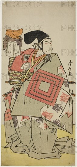 The Actor Ichikawa Danjuro V as Minamoto no Yoshiie, in the play Date Nishiki Tsui no Yumitori, performed at the Morita Theater in the eleventh month, 1778 (?), 1778, Torii Kiyonaga, Japanese, 1752-1815, Japan, Color woodblock print, hosoban, 32.7 x 14.8 cm