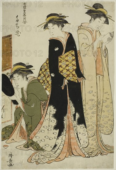 Entertainers of the Tachibana, from the series A Collection of Contemporary Beauties of the Pleasure Quarters (Tosei yuri bijin awase), c. 1784, Torii Kiyonaga, Japanese, 1752-1815, Japan, Color woodblock print, oban, 35.9 x 24.3 cm