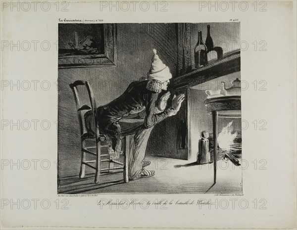 General Mortier, the evening before the battle of Waterloo, plate 456, 1835, Honoré Victorin Daumier, French, 1808-1879, France, Lithograph in black on ivory wove paper, 206 × 221 mm (image), 272 × 350 mm (sheet)