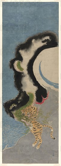 Dragon and tiger, c. 1780, Isoda Koryusai, Japanese, 1735-1790, Japan, Hand-colored woodblock print, vertical oban diptych, shomen-ban, 33 x 12 in.