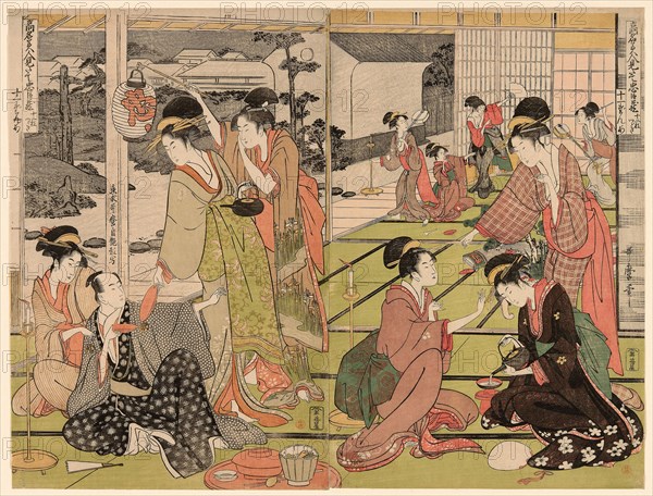 Act Eleven from the series The Chushingura Drama Parodied by Famous Beauties (Komei bijin mitate Chushingura Junimai Kuzuki), c. 1794/95, Kitagawa Utamaro ??? ??, Japanese, 1753 (?)-1806, Japan, Color woodblock prints, oban diptych, 39.2 x 51.8 cm