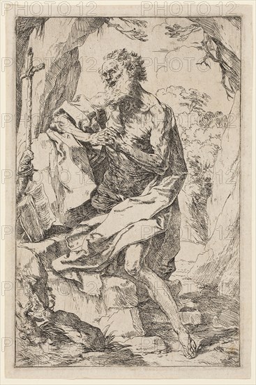 Saint Jerome, 1630–35, Guido Reni, Italian, 1575-1642, Italy, Etching and engraving in black on ivory laid paper, 216 x 139 mm (plate), 227 x 150 mm (sheet)