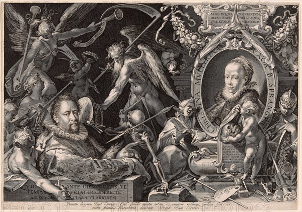 Portrait of Bartolomaeus Spranger with an Allegory of the Death of His Wife, Christina Müller, 1600, Aegidius Sadeler, Flemish, c. 1570-1629, Holland, Engraving with etching in black on ivory laid paper, 293 x 416 mm (image/sheet, trimmed within plate mark)