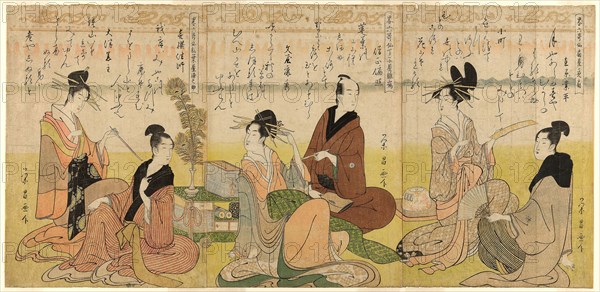 The Six Immortals of Poetry, Abbreviated, c. 1795, Chokosai Eisho, Japanese, active 1793-1799, Publisher: Yamaguchi-Ya, Japanese, unknown, Japan, Color woodblock print, oban triptych, 36.0 x 75.1 cm