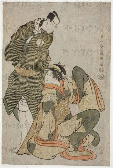 The actors Iwai Hanshiro IV (R) as Ohan of the Shinanoya and Bando Hikosaburo III (L) as Obiya Choemon, 1794, Toshusai Sharaku ??? ??, Japanese, active 1794-95, Publisher: Tsuta-Ya Juzaburo, Japanese, 1748-1797, Japan, Color woodblock print, oban, 38.4 x 25.4 cm
