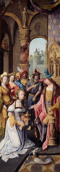 King Solomon Receiving the Queen of Sheba, 1515/20, Antwerp Mannerist (Master of the Antwerp Adoration Group), Netherlandish, Belgium, Oil on panel, transferred to canvas, 73.2 × 27.7 cm (28 7/8 × 10 3/4 in.)