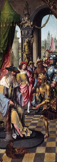 King David Receiving the Cistern Water of Bethlehem, 1515/20, Antwerp Mannerist (Master of the Antwerp Adoration group), Netherlandish, Belgium, Oil on panel, transferred to canvas, 73.5 × 27.5 cm (28 7/8 × 10 7/8 in.)
