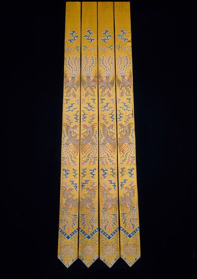 Pendents (For Bed Curtains), Qing dynasty(1644–1911), 1736/95, Manchu, China, Silk, gold-leaf-over-lacquered-paper strips, and gold-leaf-over-lacquered-paper-strip-wrapped silk, warp-float faced 7:1 satin weave with supplementary brocading wefts bound in weft-float faced 1:3 'S' twill interlacings, a: 270.3 × 19.2 cm (106 3/8 × 7 1/2 in.)