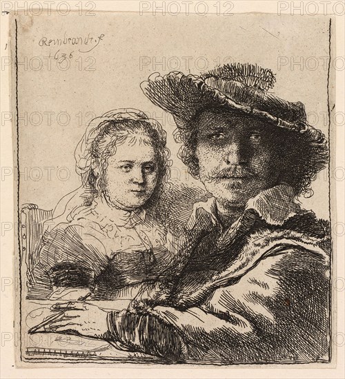 Self-Portrait with Saskia, 1636, Rembrandt van Rijn, Dutch, 1606-1669, Holland, Etching on ivory laid paper, 104 x 92 mm (image), 106 x 96 mm (sheet, cut within plate mark)