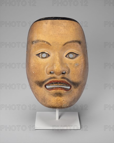 Mikazuki (male deity) Noh mask, 16th century, Japan, Japanese cypress, colors, and brass