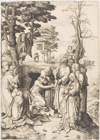 The Raising of Lazarus, c. 1507, Lucas van Leyden, Netherlandish, c. 1494-1533, Netherlands, Engraving in black on cream laid paper, 280 x 200 mm (image), 283 x 203 mm (sheet, trimmed within plate mark)