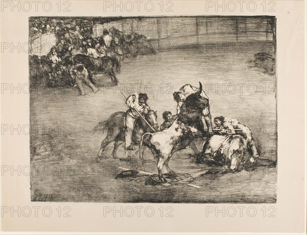 Picador Caught by a Bull, from The Bulls of Bordeaux, 1825, Francisco José de Goya y Lucientes (Spanish, 1746-1828), printed by Cyprien Charles Marie Nicolas Gaulon (French, 1777-1858), Spain, Lithographic crayon and scraper in black on buff wove paper, 313 x 413 mm (image), 385 x 508 mm (sheet)