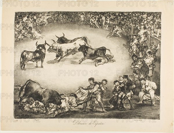 Spanish Entertainment, from The Bulls of Bordeaux, 1825, Francisco José de Goya y Lucientes, Spanish, 1746-1828, Spain, Lithographic crayon and scraper on light tan wove paper, 301 x 406 mm (image), 366 x 478 mm (sheet)